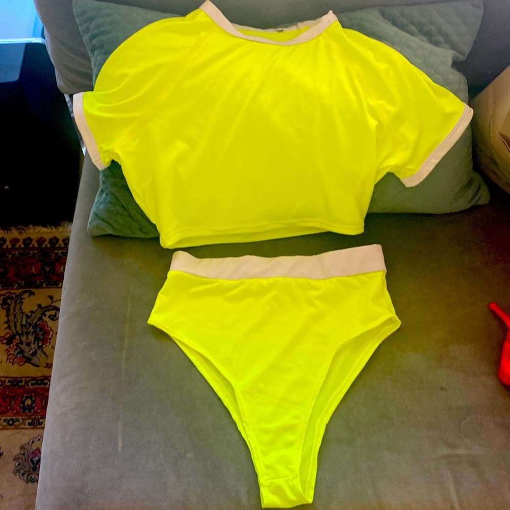 Neon green with white trim crop top and matching bottom